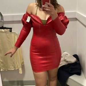 Red pleather Dolly-Parton mini dress